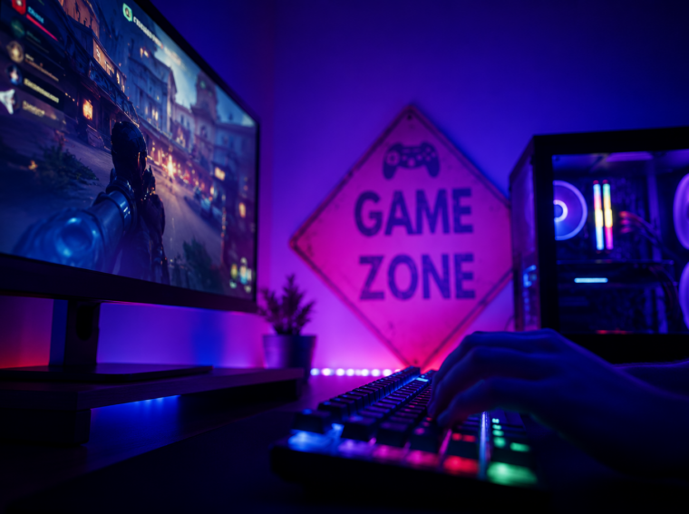 Esports gaming station with a live competitive match and neon lighting