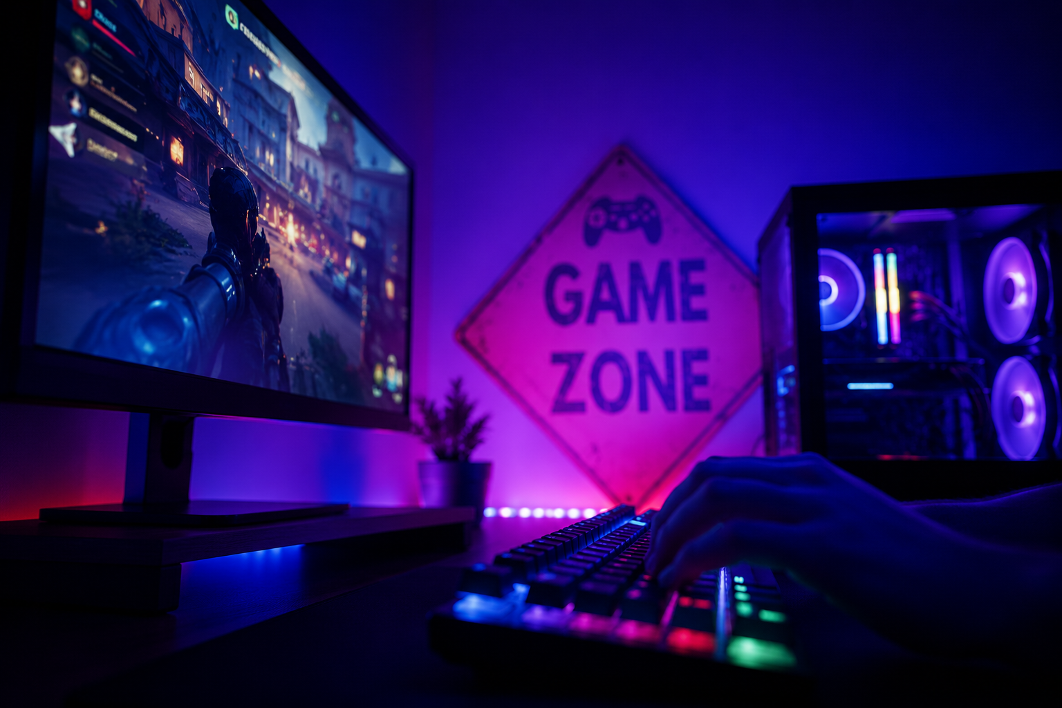 Esports gaming station with a live competitive match and neon lighting